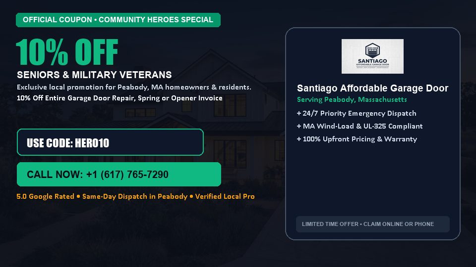 Santiago Affordable Garage Door 10% OFF Seniors & Military Veterans in Peabody, MA